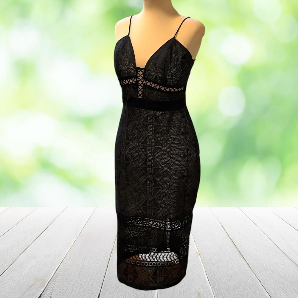 New COLCCI Lace Bodycon Midi Dress Geometric Black Lined Cocktail Clubwear Sz 6
